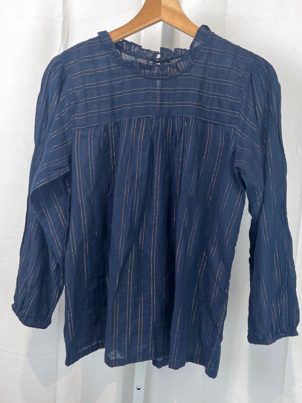 MAEVE Anthropologie Reston Blouse Long Sleeve Top Cotton Navy Blue Gold Stripe S